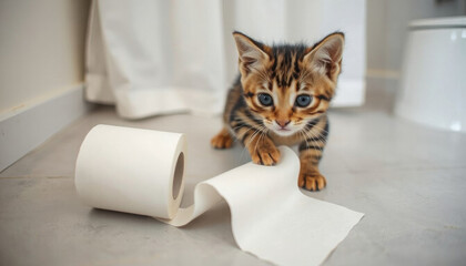 Young playful kitten unrolling toilet paper in a bathroom setting  