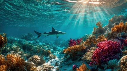 Obraz premium An underwater scene with a grey reef shark swimming over a vibrant coral reef. Sun rays stream through the clear water, illuminating the colorful corals and marine life.