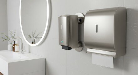 Modern Bathroom with Sleek Stainless Steel Soap Dispenser and Paper Towel Holder