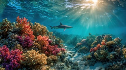 Fototapeta premium An underwater scene of a shark in its natural habitat. This image represents the concept of marine biodiversity, conservation, and the raw beauty of wild nature.