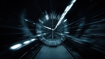 Time tunnel concept with clock in motion on black background