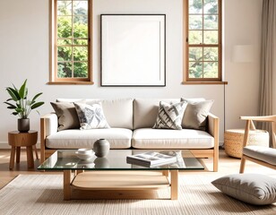 Japandi style living room interior with sofa vertical frame mockup windows and glass coffee table