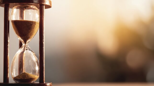 Hourglass with flowing sand on blurred background