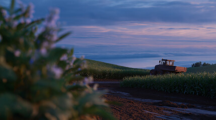 Farm Road with Crops and Tractors Under Soft Natural Light