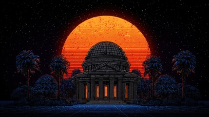 Obraz premium Ancient architecture illuminated by a setting sun with palm trees silhouettes in the foreground