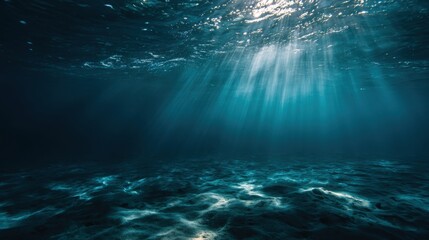 A serene underwater scene with sun rays filtering through the surface. The image evokes a sense of deep-sea exploration, tranquility, and the mystery of the unknown.