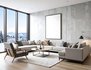 Living room interior with large blank frame mockup on textured concrete wall and snowy mountain view