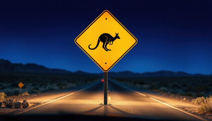 Kangaroo warning sign illuminated on empty highway at night  