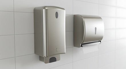 Modern Stainless Steel Soap Dispenser and Paper Towel Holder Mounted on Tiled Wall
