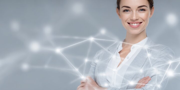 Successful businesswoman with digital network connection over background 