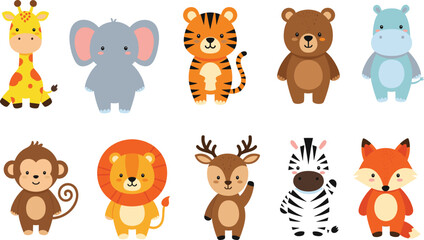 Cute cartoon wild animals – giraffe, tiger, elephant, zebra, lion, fox, monkey, bear, hippo, and deer characters