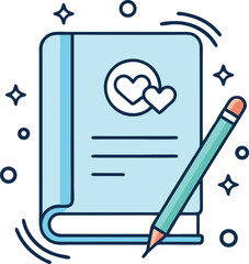 Cute Pastel Blue Notebook with Hearts and Pencil: Romantic Journaling Concept Illustration