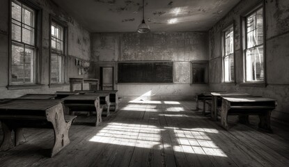Abandoned classroom, sunlit interior