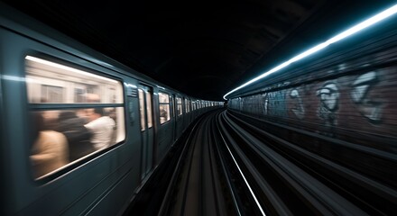 Obraz premium Motion blur of a subway train traveling through a graffiti-covered tunnel with bright lights
