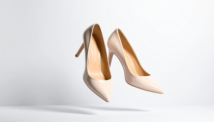 Elegant Nude High Heels Gracefully Floating in a Pristine White Studio Setting, Embodying Classic Fashion and Style