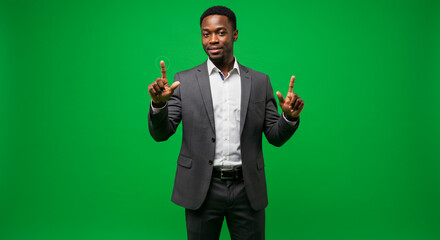 Confident businessman touching digital interface on green screen, engaging with future technology for presentation