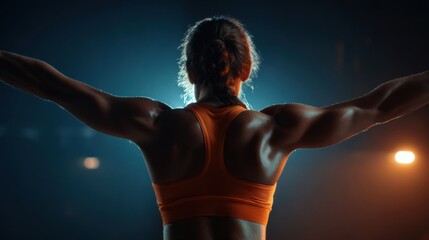 Obraz premium A professional shot of a female athlete showcasing her muscular physique. It is ideal for sportswear advertising, gym promotions and health and wellness brands.