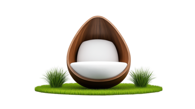 Egg-shaped cocoon seat on a grassy platform