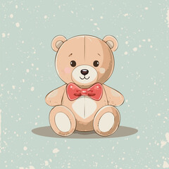 Cute teddy bear with red bow tie sitting on a pastel background. Adorable toy illustration, perfect for children, nursery decor, prints, greeting cards, and gifts