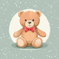 Cute teddy bear with red bow tie sitting on a pastel background. Adorable toy illustration, perfect for children, nursery decor, prints, greeting cards, and gifts