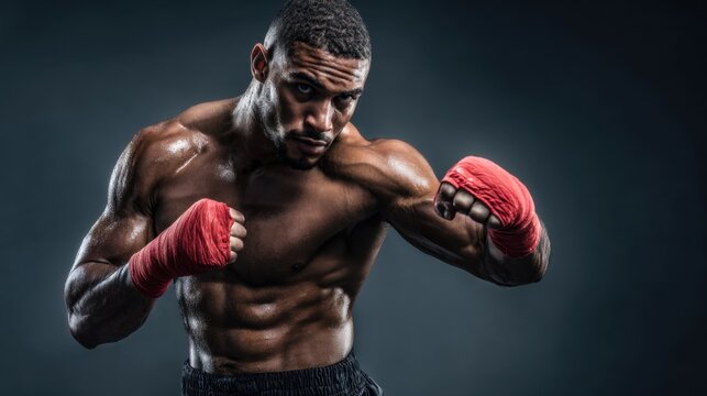A powerful and focused male athlete for fitness and sports advertising. The image showcases his muscular physique and determination. It is suitable for sportswear and gym promotions.