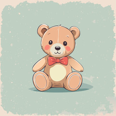 Cute teddy bear with red bow tie sitting on a pastel background. Adorable toy illustration, perfect for children, nursery decor, prints, greeting cards, and gifts