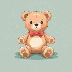 Cute teddy bear with red bow tie sitting on a pastel background. Adorable toy illustration, perfect for children, nursery decor, prints, greeting cards, and gifts