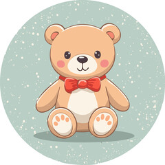Cute teddy bear with red bow tie sitting on a pastel background. Adorable toy illustration, perfect for children, nursery decor, prints, greeting cards, and gifts