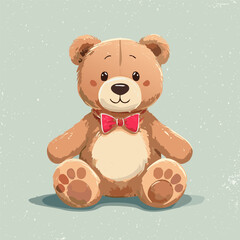 Cute teddy bear with red bow tie sitting on a pastel background. Adorable toy illustration, perfect for children, nursery decor, prints, greeting cards, and gifts