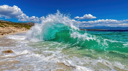 Fototapeta premium Vibrant turquoise wave crashing on a sandy beach under a bright blue sky with fluffy white clouds. The wave is backlit, highlighting its translucent