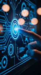 Fototapeta premium Futuristic digital interface depicting artificial general intelligence technology with finger touch