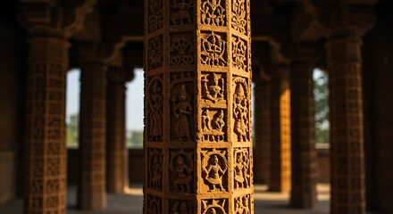 Ancient pillar carvings depicting deities and mythological figures in an old temple