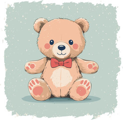 Cute teddy bear with red bow tie sitting on a pastel background. Adorable toy illustration, perfect for children, nursery decor, prints, greeting cards, and gifts