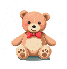 Cute teddy bear with red bow tie sitting on a pastel background. Adorable toy illustration, perfect for children, nursery decor, prints, greeting cards, and gifts