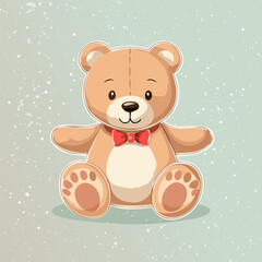 Cute teddy bear with red bow tie sitting on a pastel background. Adorable toy illustration, perfect for children, nursery decor, prints, greeting cards, and gifts