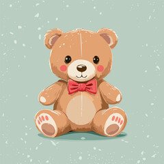 Cute teddy bear with red bow tie sitting on a pastel background. Adorable toy illustration, perfect for children, nursery decor, prints, greeting cards, and gifts
