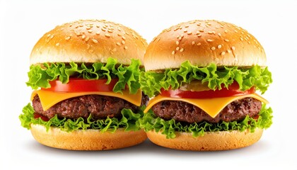 Two appetizing beef burgers with fresh lettuce and melted cheese on sesame buns, a classic fast food concept for a quick meal