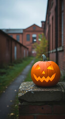 Obraz premium Illuminated carved jack o'lantern sitting on a stone wall against a brick building backdrop