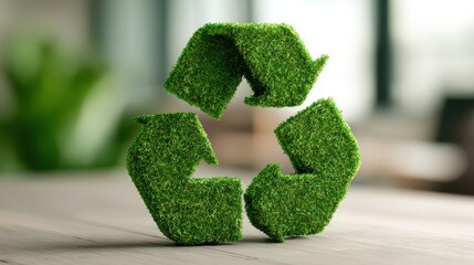 Green recycling symbol made of grass on a wooden surface with blurred background
