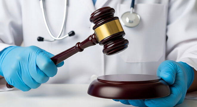 Medical malpractice concept doctor with gavel in hand representing legal and ethical issues.