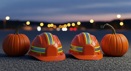 Orange construction hard hats and pumpkins on asphalt pavement at dusk or night