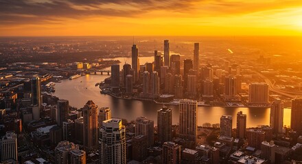 Fototapeta premium Spectacular Sunset over City Skyline with River