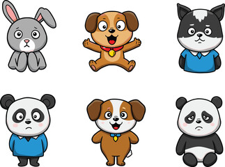 Cute sad and happy cartoon animals – dog, panda, rabbit, wolf in expressive poses with emotions, vector set