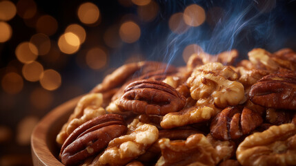 Fototapeta premium Close-up of freshly roasted walnut halves and pecans, golden-brown tones, aromatic steam rising, crisp surface details