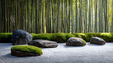 Zen Garden Serenity: A tranquil Japanese Zen garden scene, featuring carefully arranged stones, lush moss, and a backdrop of towering bamboo stalks, evokes a sense of peace and contemplation.