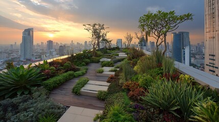 Urban Oasis: Rooftop Garden with City Skyline at Sunset, Peaceful Environment