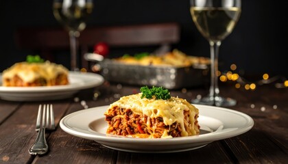 Delicious homemade lasagna with savory meat sauce and melted cheese, served elegantly with white wine for a delightful dinner