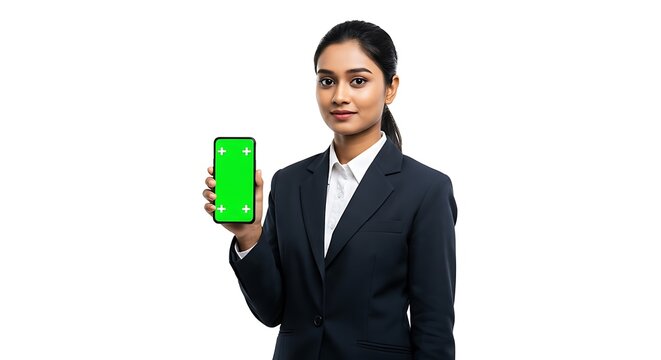 Confident Businesswoman Showing Smartphone with Green Screen Mockup