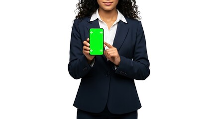 Businesswoman Presenting Smartphone with Green Screen Mockup
