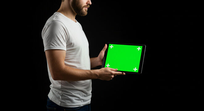 Confident man holding tablet with green screen for your content creation needs